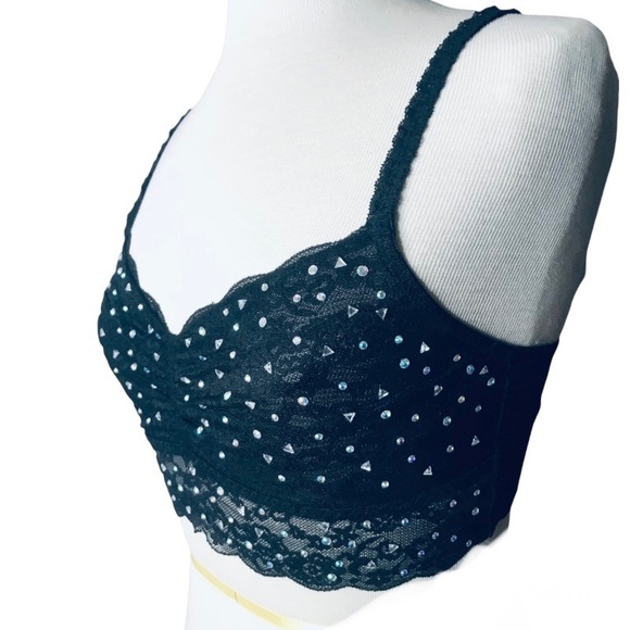 PINK NEW lace Aurora borealis crystal festival goblincore baddie bralette S - Picture 6 of 11